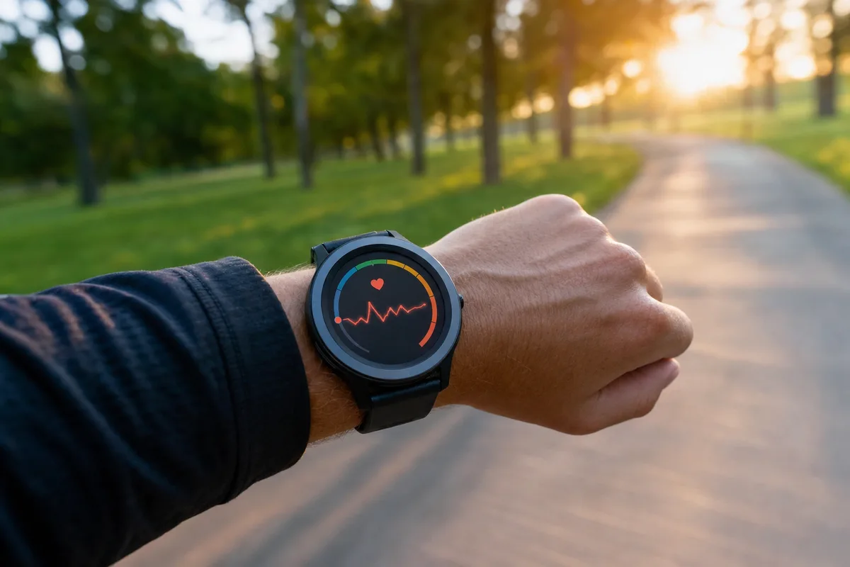 Poignet d’un coureur portant une montre GPS de sport sur un chemin, au petit matin, données affichées à l’écran