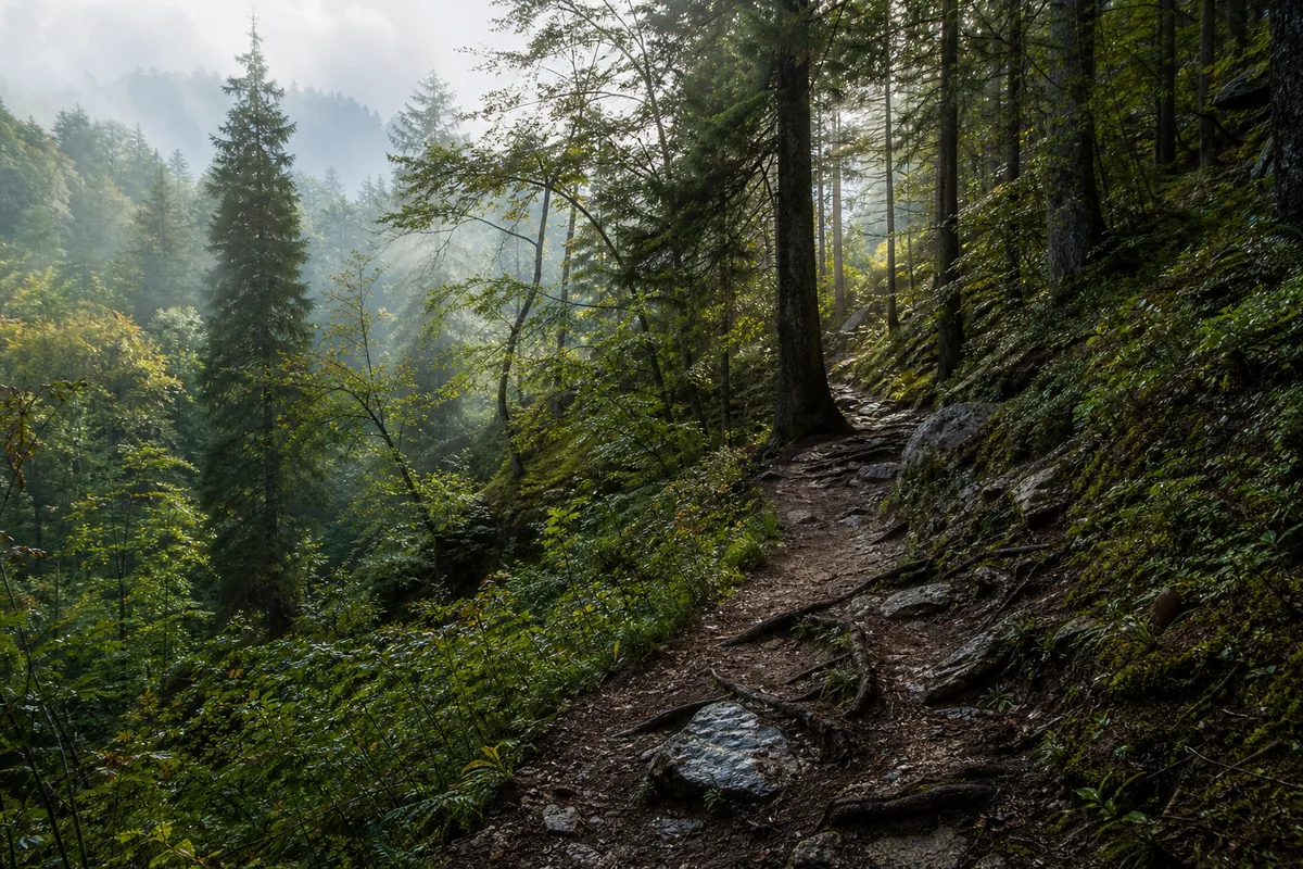 Sentier de trail vallonné en forêt sous une lumière matinale, sans coureur visible