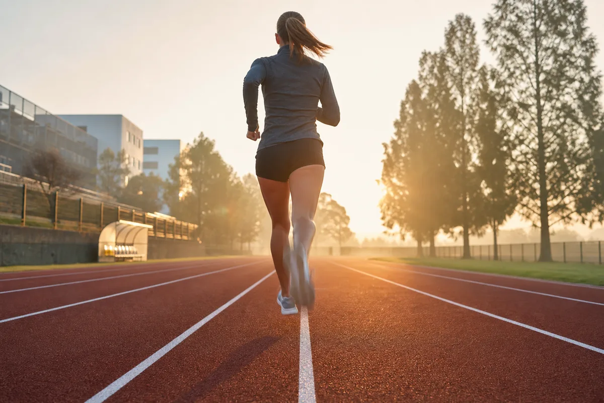 Coureuse de dos sur une piste d’athlétisme au lever du jour, foulée dynamique, sans visage visible